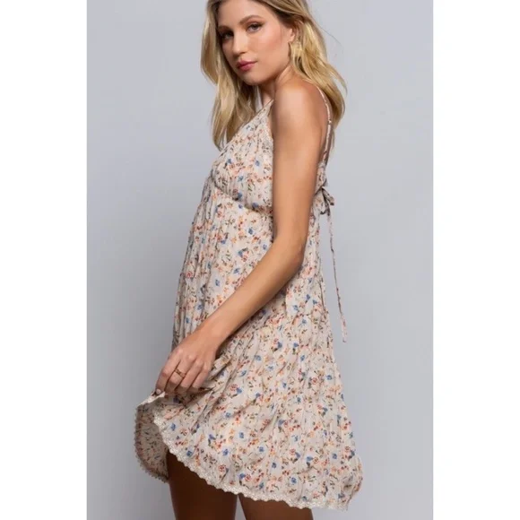 POL Taupe Small Floral Print Spaghetti Strap Sundress - Picture 2 of 8